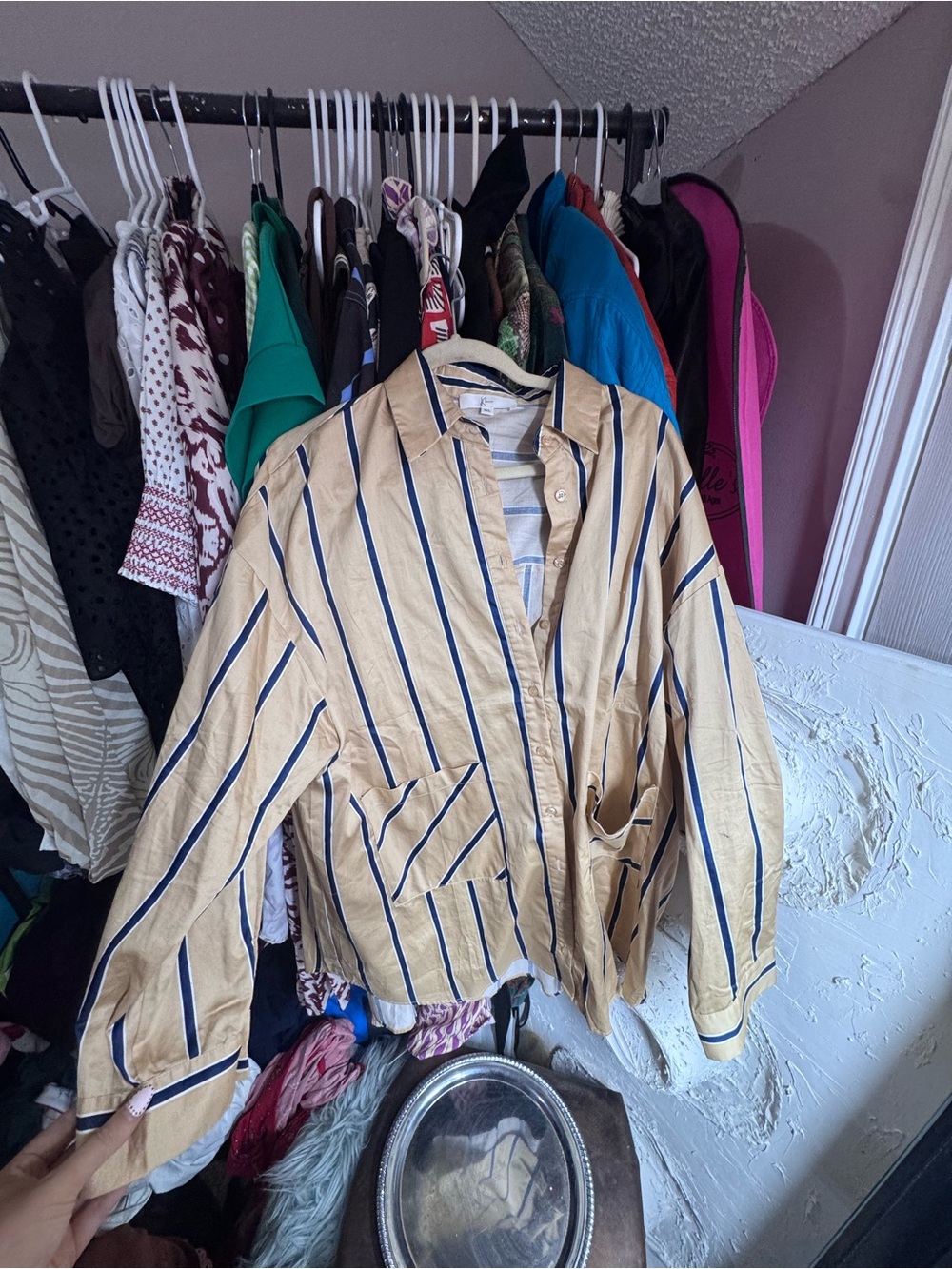 Beige Navy-Striped Long-Sleeve Shirt Dress